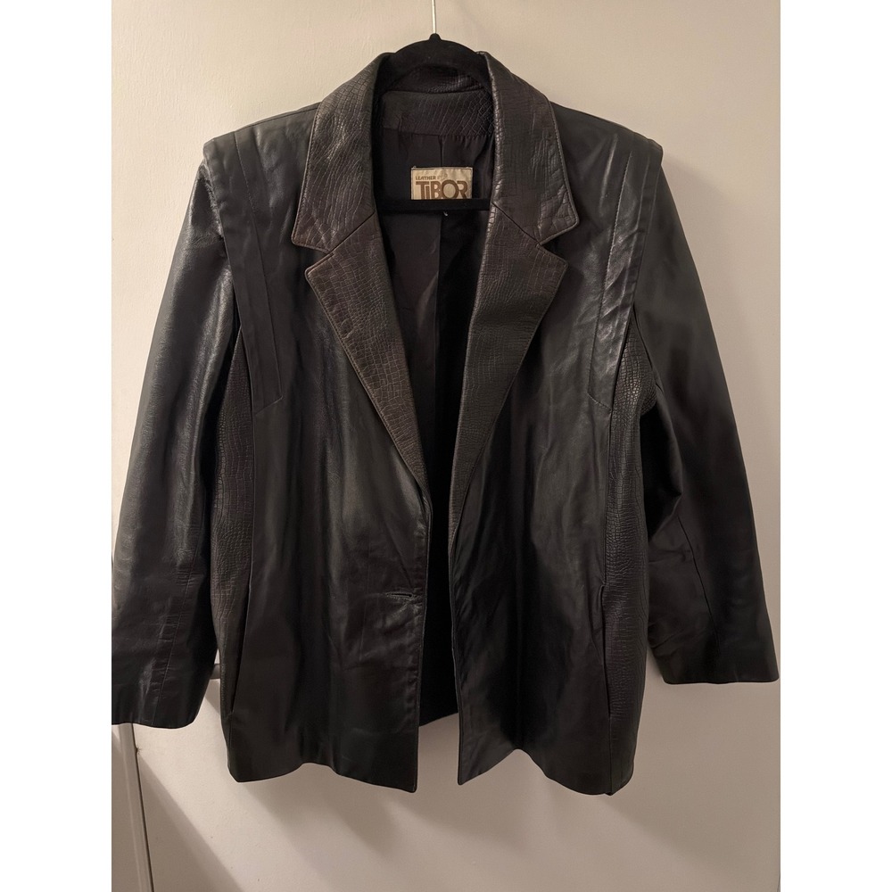 Tibor Black Leather Blazer Jacket Faux Croc Trim Padded Shoulder Vintage 80s 90s